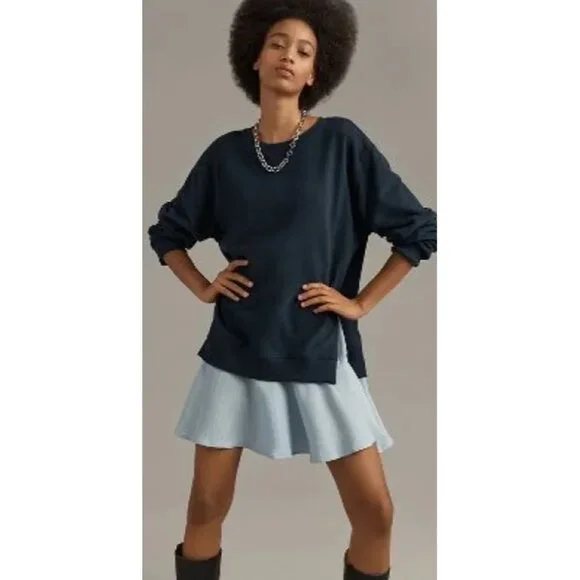 Maeve Navy Sweatshirt Dress Blue Striped Ruffle Hem Womens S Cotton Blend - Picture 1 of 11